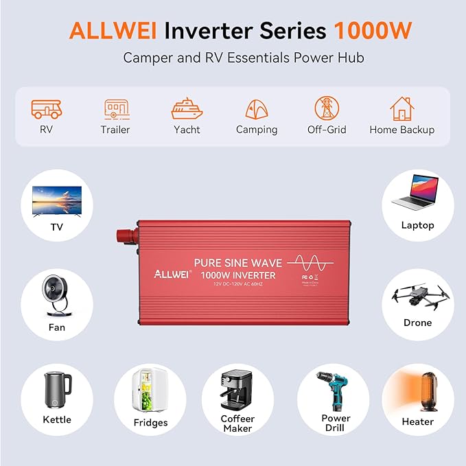 ALLWEI Pure Sine Wave Inverter - 1000 Watt Inverters 12V DC to 110V/120V AC Converter for Home RV Truck Off-Grid Solar Car Power Inverter with 2 Sockets Power Inverters for Vehicles 2000W Peak