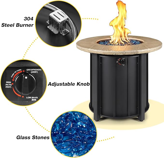 30 Inch Round Propane Fire Pit Table50000 BTU Outdoor Gas Firepit with Automatic Ignition &amp Lid CoverIron Steel Firepit for OutsidePatioDeckBackyard w Glass Stones &amp Rain Cover