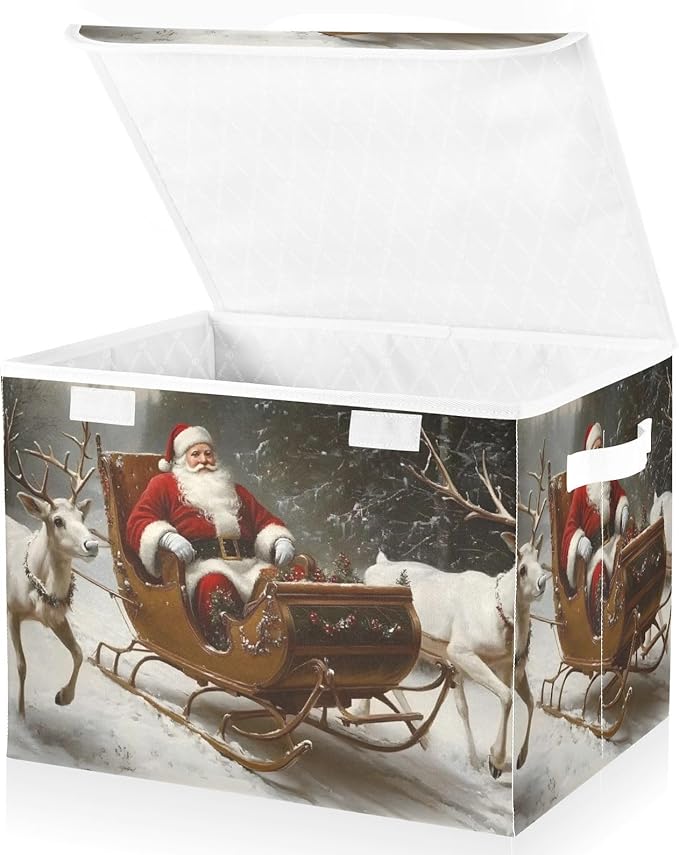 Collapsible Storage Bins Christmas Deers Santa Claus with Lids &amp Handles Foldable Storage Boxes Basket with Flip-Top Lid for Home Office 16.5” x 12.6” x 11.8”