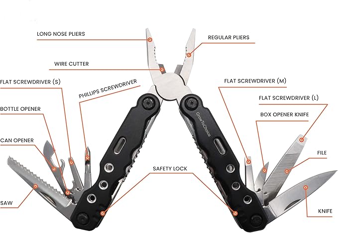 14-In-1 Multitool Pliers Pocket Knife Stainless Steel Great Camping Accessories - Camping Multi Tool Gifts for Men with Portable Belt Holder Nylon Pouch and Safety Locking Survival Tools