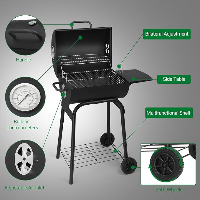 Outvita Barrel Charcoal Grill with Warming Rack Outdoor BBQ Grill with Side Table with Nearly 268 Sq.In. Cooking Grid Area for Backyard Patio Picnic Parties Camping Black