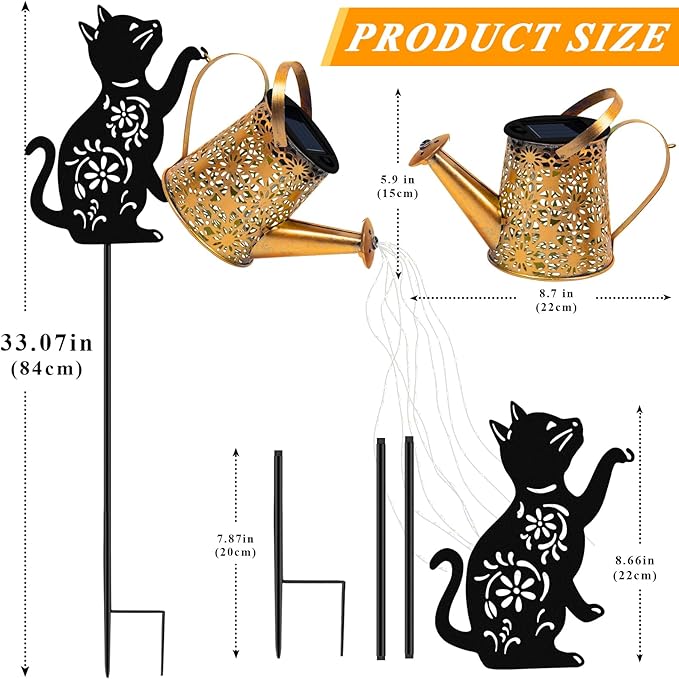 Solar Lights Outdoor Decorative Watering Can with Cascading Lights with Cat Silhouette Garden Stakes Waterproof Metal Garden Decor for Yard Art Outside Patio Lawn 2PACK
