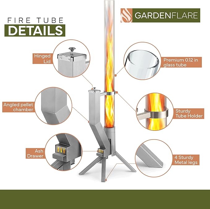 GARDENFLARE Stainless Steel Pellet Stove &amp Smokeless Firepit Patio Heater for Ambiance - Fire Pit for Patio Fire Tube Outside Backyard Bonfire &amp Outdoor Fireplace (Silver Classic)