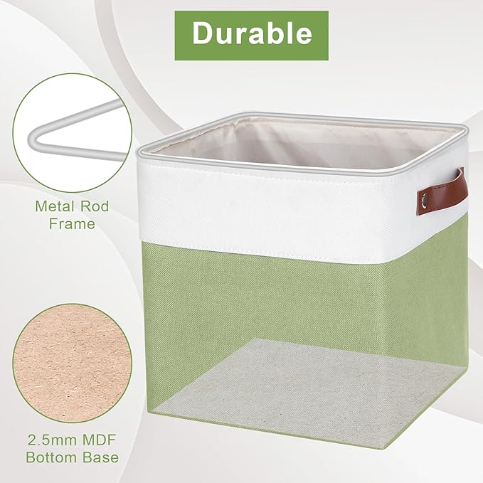 Collapsible Fabric Storage Cubes 11x11 Cube Storage Bins 4 Pack Closet Baskets Box with Handles for Organizing Shelf Toys Clothes Home Office Nursery (Green&ampWhite)
