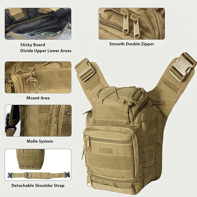 Tactical Backpack for MenMilitary Sport Bag Pack Sling Shoulder Backpack Tactical Crossbody Bag EDC Molle Assault Range Bag Chest Pack for Hiking Camping Outdoor - Khaki