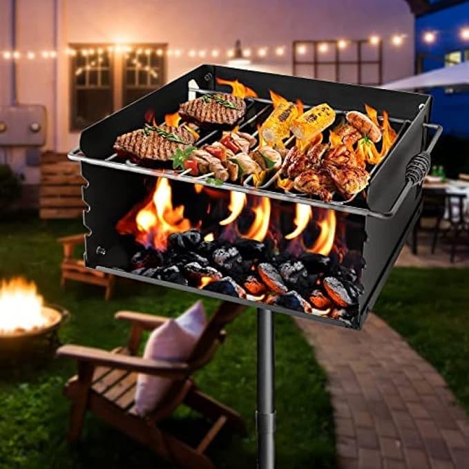 Park Style Charcoal Grill With Grate Single Post Carbon Steel 50 Inch Height Pole Heavy Duty Outdoor Park Grill For BBQ Camping Backyard16x16 Inch