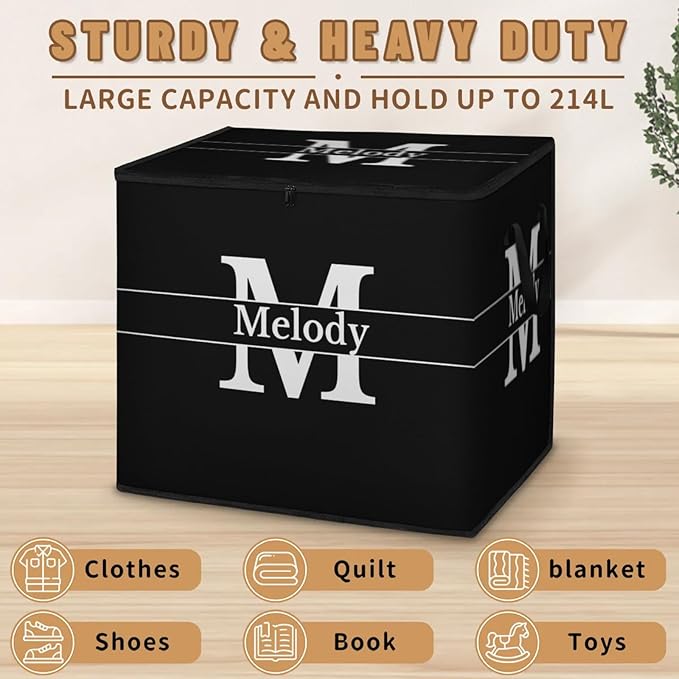 Custom Name Storage Bin with Lid Personalized Extra Large Black Storage Basket with Handles Zippers for Organizing Comforters Blankets Bedding Closet Shelf Baskets Initial Letter