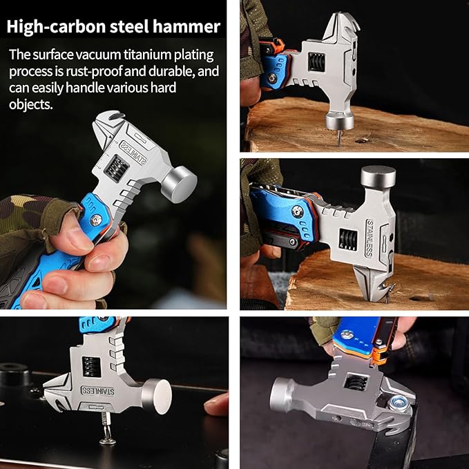 18-in-1 Multitool Hammer with Adjustable Wrench Stainless Steel Multi Tool Pliers All-in-One Survival Camping Tool Gift with Pocket Knife Hammer Saw Screwdrivers Bottle Opener Carrying Pouch