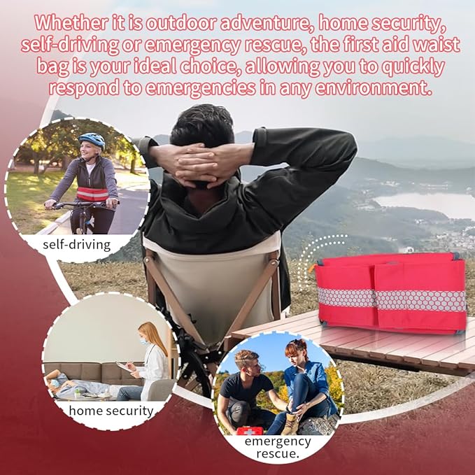 Empty First Aid Waist Bag Molle Medical Pouch with Belt EMS Fanny Pack with Three-piece SystemIFAK Medical Bag for CampingHiking or Traveling (Red)