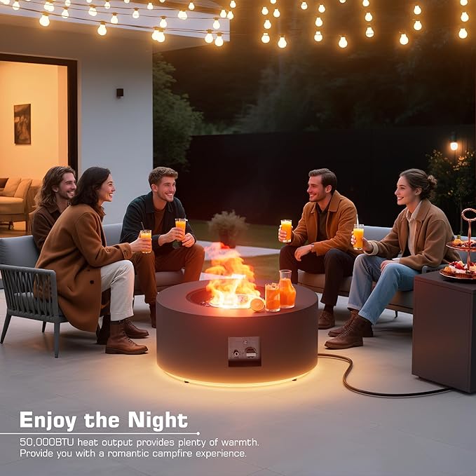 2-Piece 30 LED Round Propane Fire Pit for Outside Patio with Hidden Tank Table 50000 BTU Fireplaces with Lid Glass Rocks Cover(Dark Grey w/Golden Light)