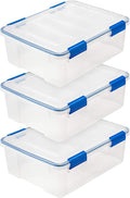 IRIS USA WeatherPro 27 Qt Storage Bins with Lids 3 Pack BPA-Free Plastic Gasket Box with Tight Latch and Seal Stackable Nestable Tote Tub - Clear/Blue
