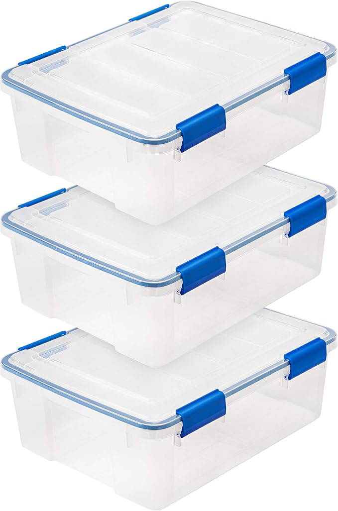 IRIS USA WeatherPro 27 Qt Storage Bins with Lids 3 Pack BPA-Free Plastic Gasket Box with Tight Latch and Seal Stackable Nestable Tote Tub - Clear/Blue