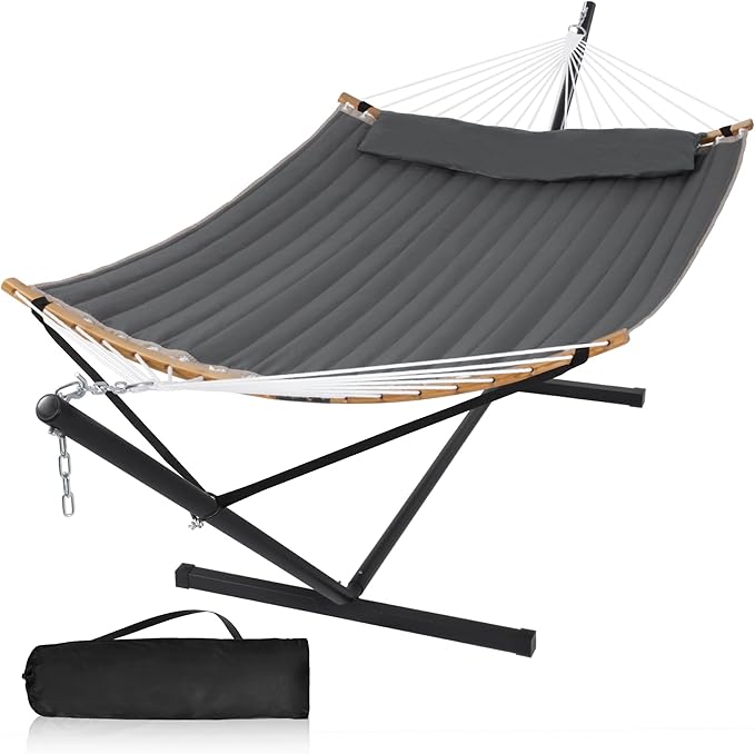 55in Hammock with Stand Heavy Duty Hammock with Stand Included Two Person Hammock with Curved Spreader Bar Pillow and Portable Bag 450 Lbs Capacity Dark Gray