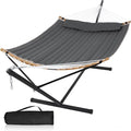 55in Hammock with Stand Heavy Duty Hammock with Stand Included Two Person Hammock with Curved Spreader Bar Pillow and Portable Bag 450 Lbs Capacity Dark Gray