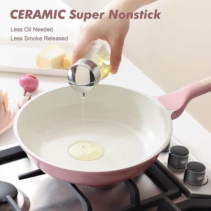 SENSARTE Nonstick Ceramic Frying Pan with Lid 12.5 Inch Cooking Pan Skillet Free of Intentionally Added PFAS/PTFE Non-toxic Chef's Pan Induction Compatible Pan Heat Resistant Handle Sakura Pink