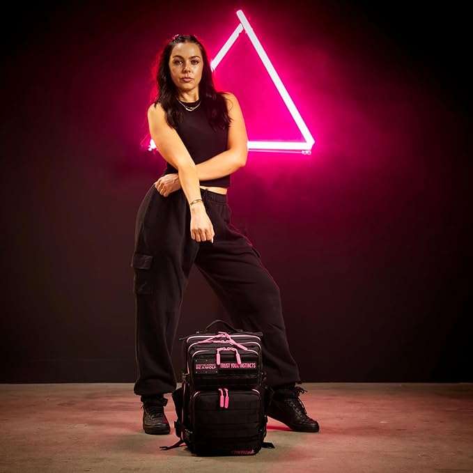 WOLFpak 25L Athletic Gym Backpack (Black Neon Pink) Durable 1000D Waterproof Oxford Material with MOLLE Webbing Laptop Pocket &amp Dual Cup Holders