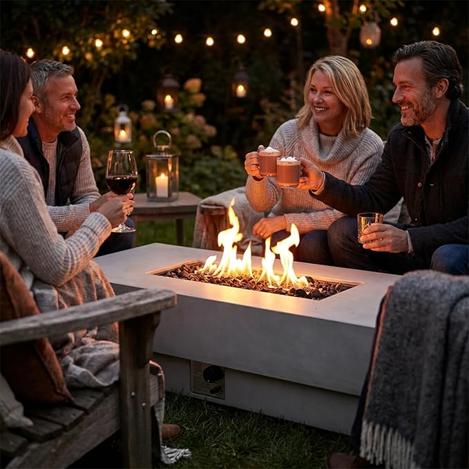 60-inch Outdoor Propane Fire Pit Coffee Table with Tank Cover 50000 BTU Concrete Rectangle Modern Outside Fire Table Auto-Ignition Included Lava Rocks Metal Lid &amp Waterproof Cover