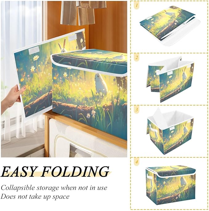senya Large Storage Bins with Linen Easter Rabbit Collapsible Foldable Storage Cubes Fabric Closet Organizer Containers Box with Flip-Top Lid for Home Bedroom Office 16.7 x 12.6 x 11.8in