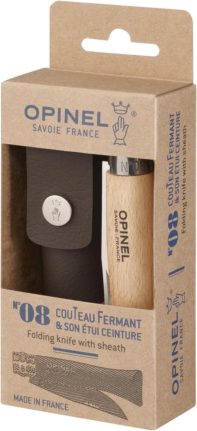 OPINEL No. 08 Stainless Steel Alpine Sheath Box Set INOX Number 8 Stainless Steel Folding Knife + Synthetic Leather Sheath for Safe Storage and Carry Belt Loop Attachment Lanyard Made in France