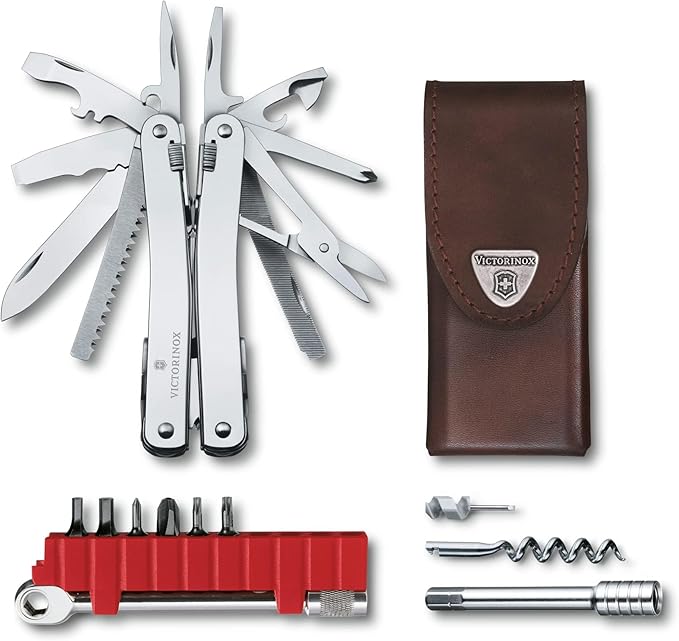 Victorinox Swiss Tool Spirit X Plus Ratchet Swiss Army Knife 36 Function Swiss Made Multi-Tool with Needle-nose Pliers and Leather Pouch - Silver