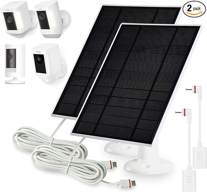 Solar Panel Charger Compatible with Ring Stick Up Cam/ProRing Spotlight Cam Plus/Prowith USB-C to Barrel Plug Adapter (2PACK)