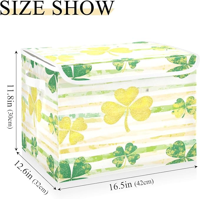 St. Patrick's Day Storage Baskets with Lids Shamrock Collapsible Bins Stackable Fabric Linen Baskets Closet Organizer Container 16.5x12.6x11.8