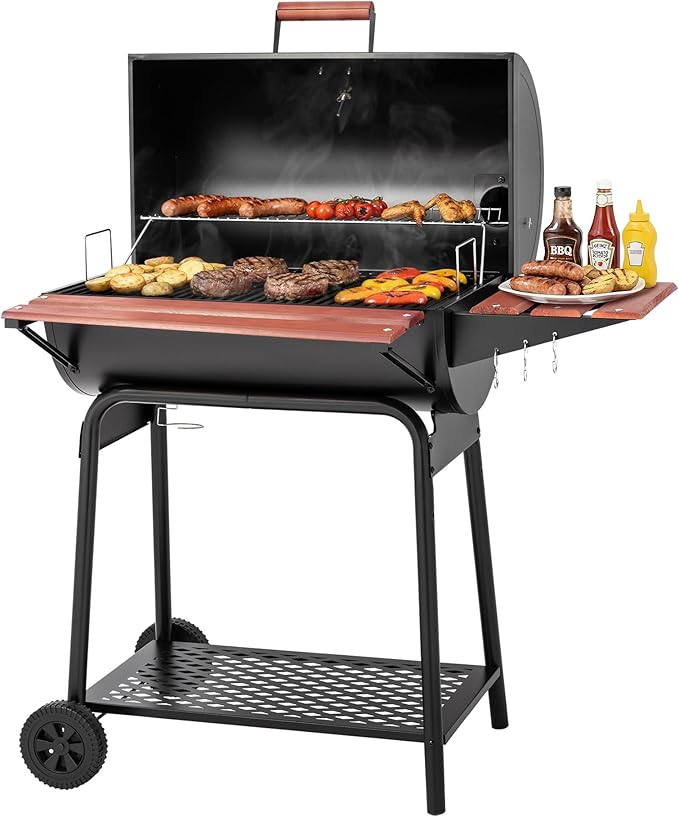 Royal Gourmet CC1830V 30 Barrel Charcoal Grill with Wood-Painted Side Front Table 627 Square Inches Cooking Space for Outdoor Backyard Patio and Parties Black