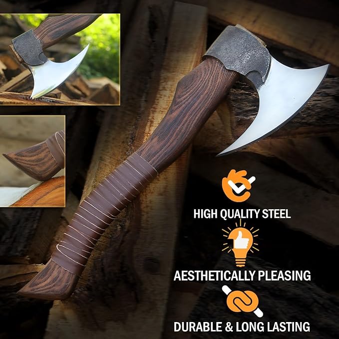 Kacha Store | Custom Handmade Viking Medieval Axe with GiftHand AxesViking Gifts for MenCamping TomahawkBeardedValhalla Ax with Leather Sheath (Battle)