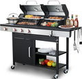 3 Burner Gas &amp Charcoal Combo Grill with Side Burner 39000 BTU Propane BBQ Grill Cast Iron Grates &amp Griddle Warming Rack Grease Tray Storage Cabinet 4 Wheels for Outdoor Patio