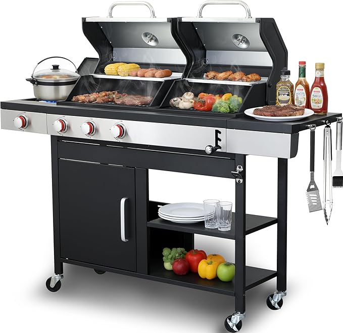 3 Burner Gas &amp Charcoal Combo Grill with Side Burner 39000 BTU Propane BBQ Grill Cast Iron Grates &amp Griddle Warming Rack Grease Tray Storage Cabinet 4 Wheels for Outdoor Patio
