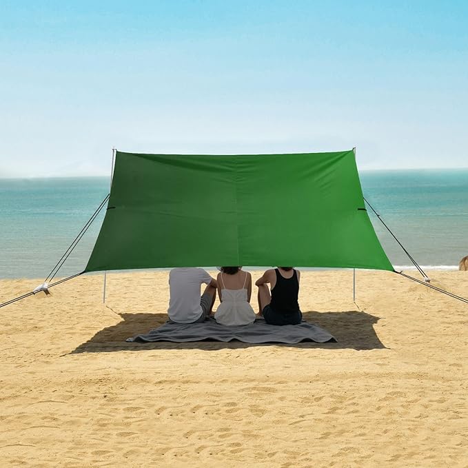 Green Gradient Stable Beach Tent UPF50+ Waterproof Sun Shelter with Sand Shovel for Family Trips Picnics &amp Camping