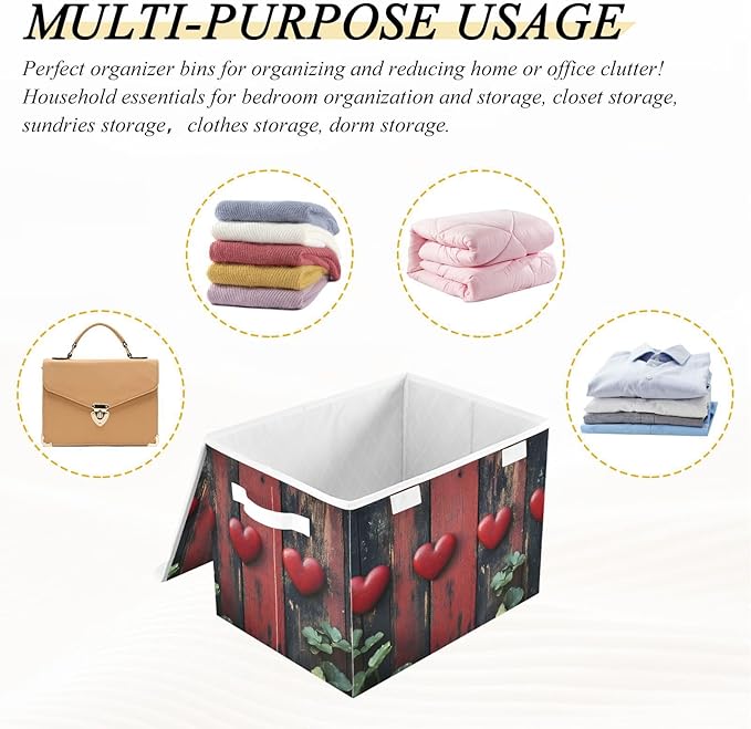 AIXIWAWA Lidded Storage Cube (Hearts Wood) Fabric Foldable Closet Bins with Flip Lid and Handles Organizer Basket Container 16.5 x 12.6 x 11.8 IN