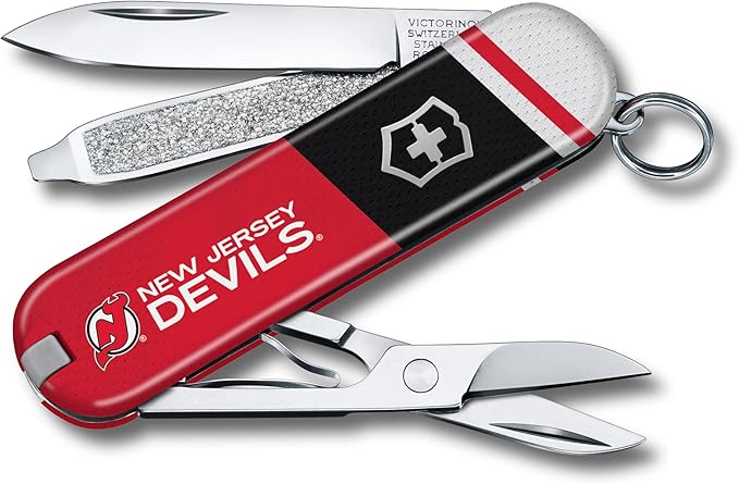 Victorinox Classic SD Swiss Army Knife – Compact 7 Function Swiss Made Pocket Knife with Small Blade Screwdriver and Key Ring – New Jersey Devils