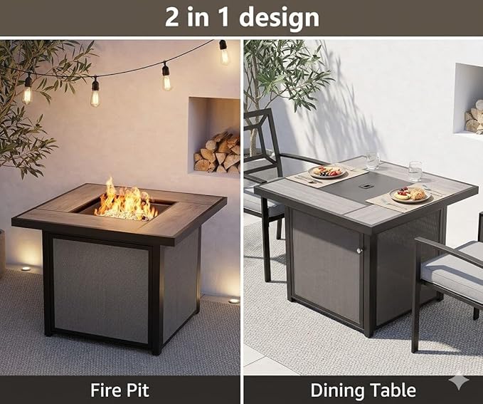 Grand Patio Outdoor Gas Fire Pit Table 32-Inch Square Propane Gas Fire Pit with CSA Safety Approval 50000 BTU Heat Sling Base Ceramic Tile Top and Lava Rock for Garden Backyard and Deck Parties