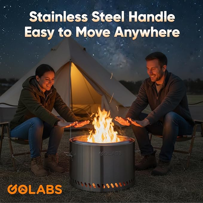 Golabs Smokeless Fire Pit 19.5 Portable with Handle Stainless Steel Outdoor Firepit with Removable Ash Pan &amp Fire Poker Easy to Clean Efficient Heating &amp Less Ash Perfect for Backyard &a
