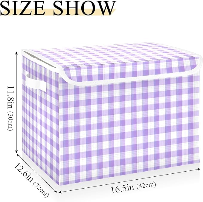 Purple Gingham Checkered Storage Box with Lid 1 PC Foldable Storage Bin with Lids Stackable Storage Bins Cube Closet Organizer Basket with Flip-Top Lid &amp Handles for Shoes Books Towels