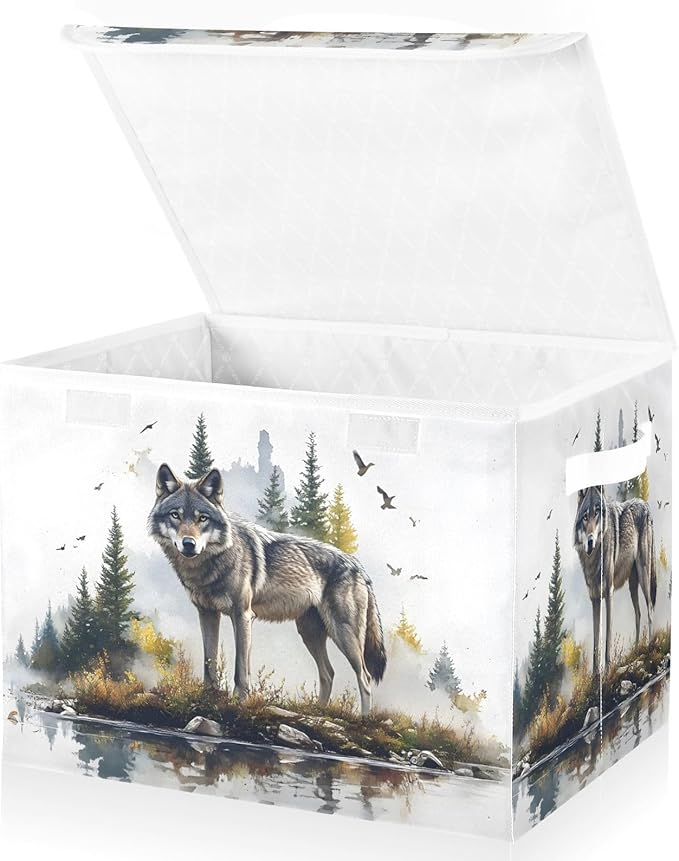 AIXIWAWA Lidded Storage Cube (Wild Wolf) Fabric Foldable Closet Bins with Flip Lid and Handles Organizer Basket Container 16.5 x 12.6 x 11.8 IN