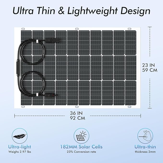 Viewsun Flexible Solar Panel 100 Watt 16BB Mono Cell Fiberglass Bendable Solar Panels Lightweight &amp Urtra-Thin for RV Camping Boat Balcony Roof YachtUneven Surface