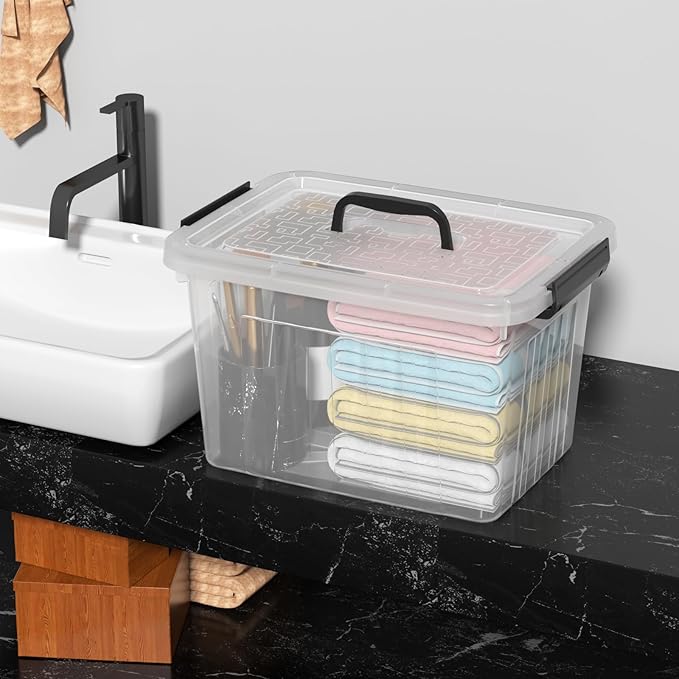 Set of 4 Storage Bins with Latch Lids Clear Plastic Storage Box with Handle 18 L