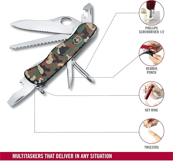 Victorinox Trailfinder SW Swiss Army Knife 12 Function Swiss Made Pocket Knife with Large Serrated Blade Bottle Opener and Wood Saw - Camouflage