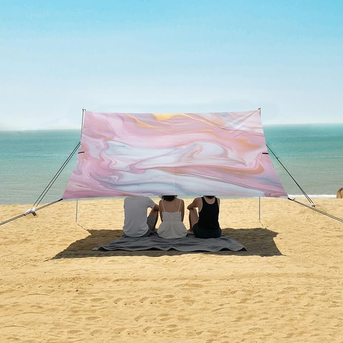 ALAZA Pink &amp Gold Marble Beach Tent Sun Shelter UPF50+ Protection Beach Shade Canopy w/ 4 Sandbags for Outdoor Camping Fishing Backyard Fun Picnic 10x9 ft