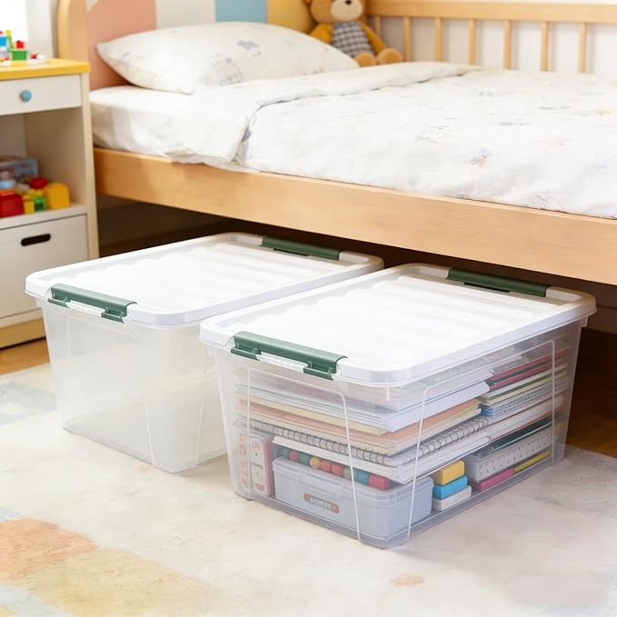 4-Pack Latching Lid Box Large Clear Plastic Storage Bins 35 Quart Green Latch Stackable Container Boxes for Home Bathroom Kitchen and Office Organization