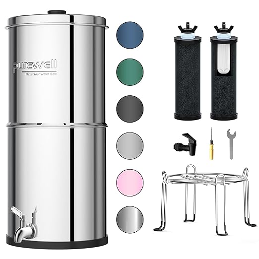 Purewell 3-Stage 0.01μm Ultra-Filtration Gravity Water Filter System NSF/ANSI 42&amp372 Certification 304 Stainless Steel Countertop System with 2 Filters and Stand Reduce 99% Chlorine 2.25G PW-