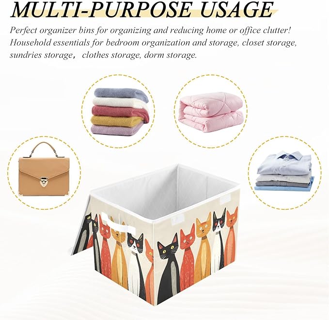 Abstract Cartoon Cat Storage Cube Bins Basket with Lid Collapsible Flip-top Fabric with Handle for Home Bedroom Closet Office 16.5×12.6×11.8 in