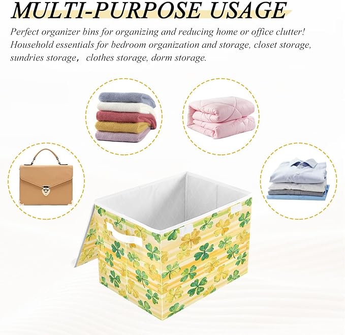 Shamrock Storage Baskets with Lids St. Patrick's Day Collapsible Bins Stackable Fabric Linen Baskets Closet Organizer Container 16.5x12.6x11.8
