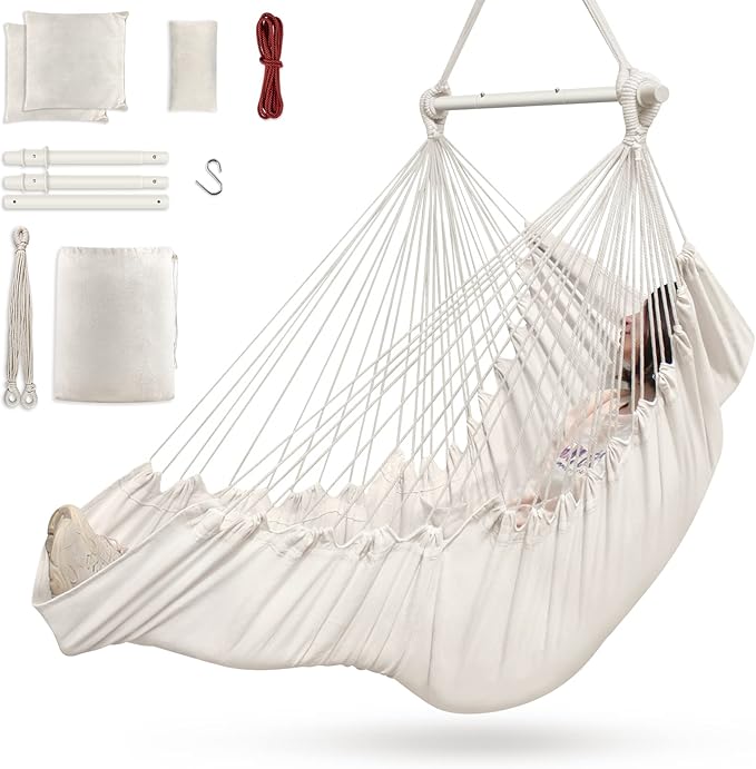 Outerman Hammock Chair Hanging Chair with 3 Cushions and Foot Rest Support Sturdy Metal Spreader Bar Max 440 Lbs Swing Chair for Bedroom Indoor &amp Outdoor Patio Porch or Tree（White）