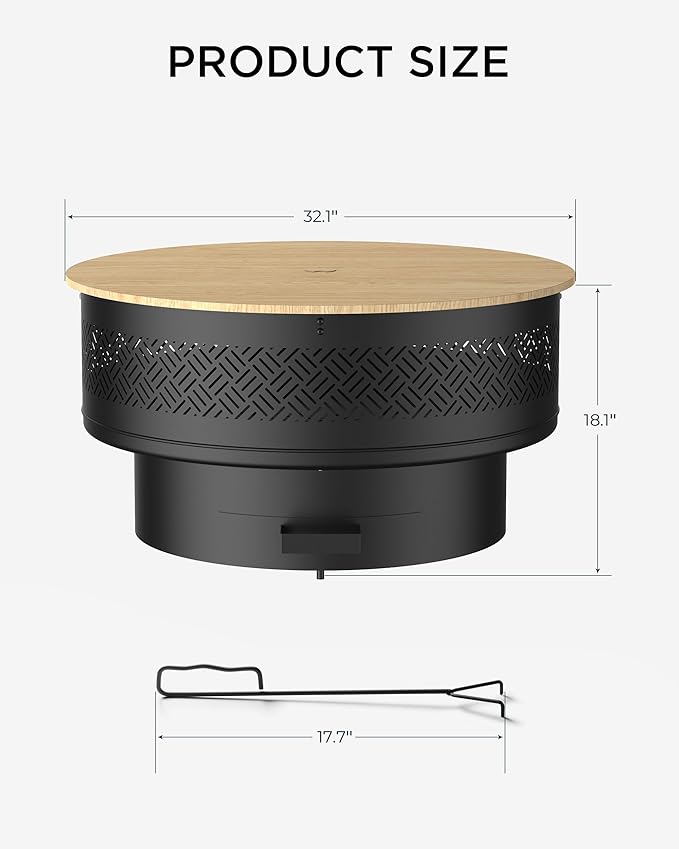 32 Fire Pits with Cooking Grill Outdoor Fire Pit with Lid &amp Fire Poker Fire Pit Table for Outside Wood Burning Firepit Round Heavy Duty Firepit for BBQ Table Picnic Camping Bonfire Party