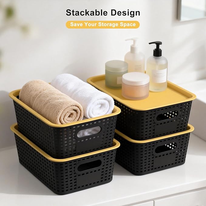 AREYZIN Plastic Storage Bins with LidStackable Storage Bins and Storage Baskets for ShelvesSmall Baskets for Organizing Small Storage Bins10.2x7.2x4.1 Inch6-Pack Black