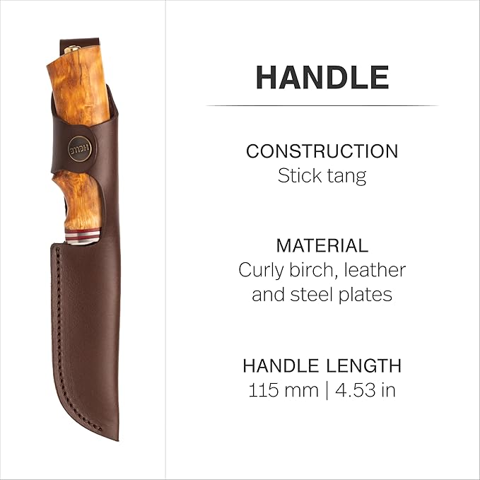 HELLE Knives - Futura - Outdoor Adventure Camping Knife with Sheath Triple Laminated Stainless Steel Fixed Blade Curly Birch Handle Made in Norway