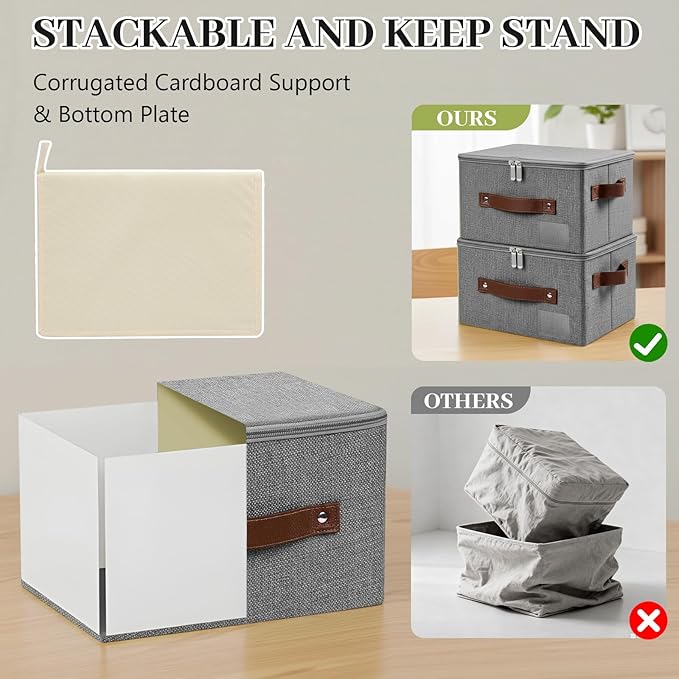 Lucky Monet 3PCS Storage Bins with Zipper Lids 10x8x7 Foldable Lidded Fabric Storage Boxes Baskets Cotton Linen Closet Shelf Clothes Organizer Container with Handles &amp Label Pocket (Grey Small